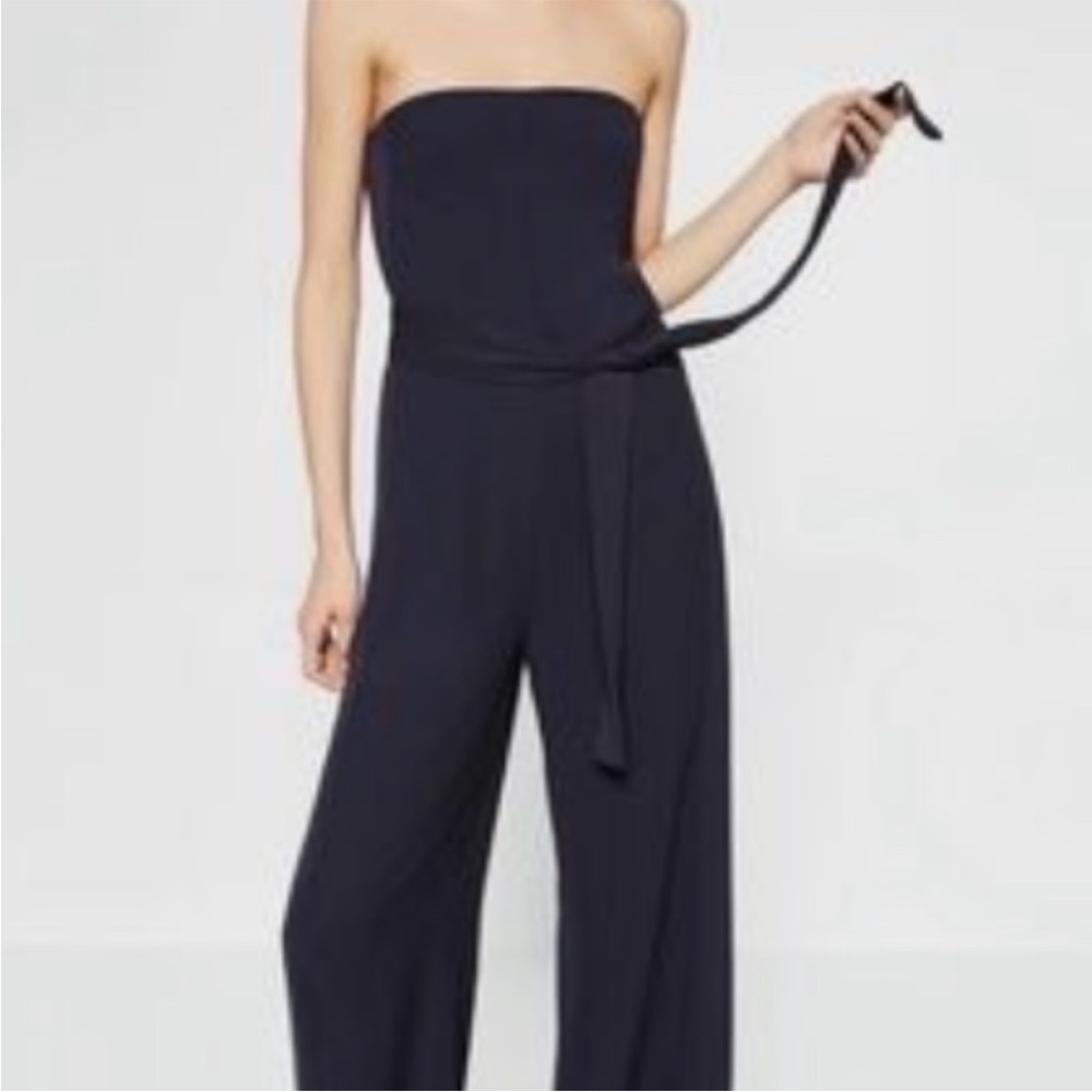Zara dark navy strapless silky with ribbon belt